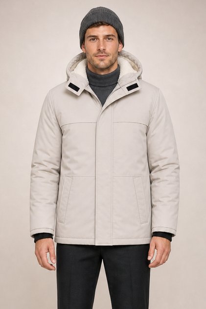 Men's Stone Color Removable Hooded Fur Lined Zippered Waterproof Winter Coat