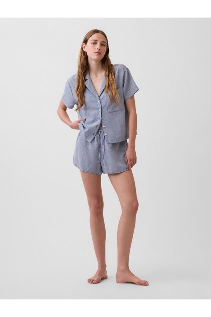 Kadın Mavi Crinkle Gauze Şort Pijama Altı