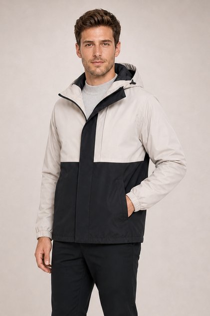 Men's Stone Black Zippered Water Resistant Hooded Windbreaker & Raincoat