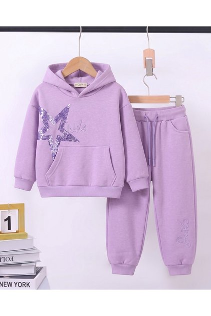 Girl's Winter 3-Strand Ribbon Star Sequined Top and Bottom Tracksuit Set for Ages 5-6-7-8-9-10-11-12-13