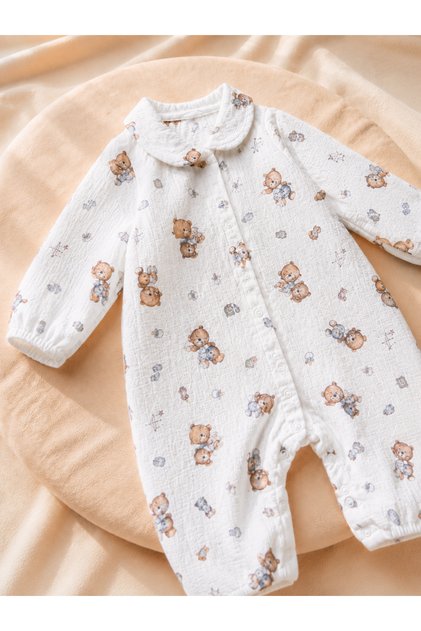 100% Cotton Muslin Unisex Baby Romper Made from Gots Certified Fabric, 3-6-9-12 Months, Teddy Bear Patterned