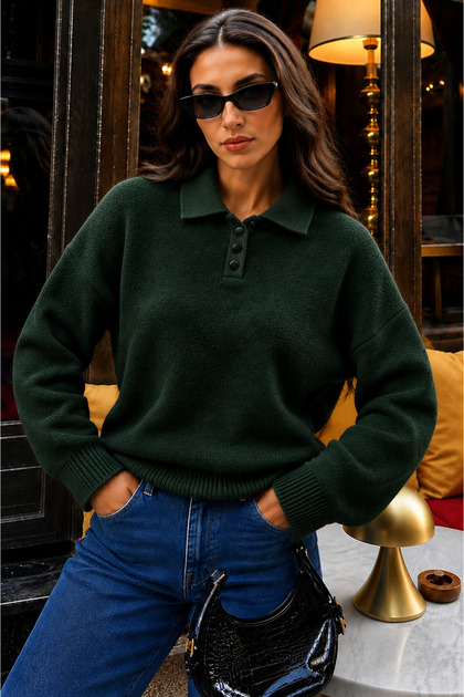 Women's Shirt Collar Buttoned Sweater with Beard Thread Detail