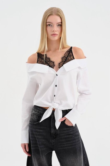 Kadın %100 Cotton Dantel Askı Detaylı Önden Bağlamalı Tasarım Gömlek