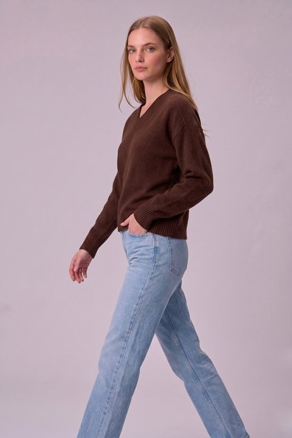 Women's V-Neck Brown Knitwear Sweater