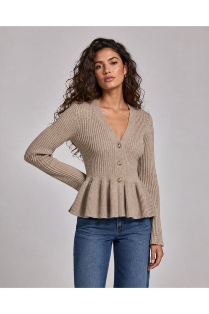 V-Neck Buttoned Ribbed Knit Cardigan with Flywheel Detail Aw26Hi0004