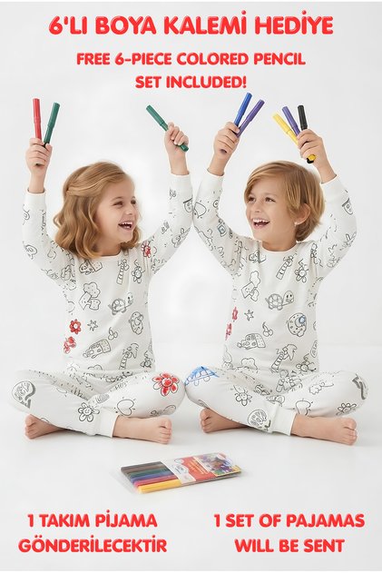 Çocuk Boyanabilir Uzun Kollu Pijama Takımı %100 Pamuk Yıkanabilir Ve Tekrar Boyanabilir Penye (6'lı
