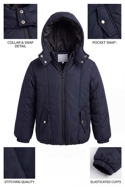 Children's Unisex Navy Blue Regular Fit Flat Zippered Hooded Coat