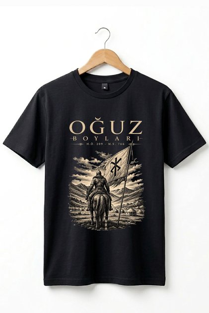 Oğuz Boys Göktürk Motifed Historical Turkish Warrior Printed 100% Cotton Crew Neck Basic Tshirt