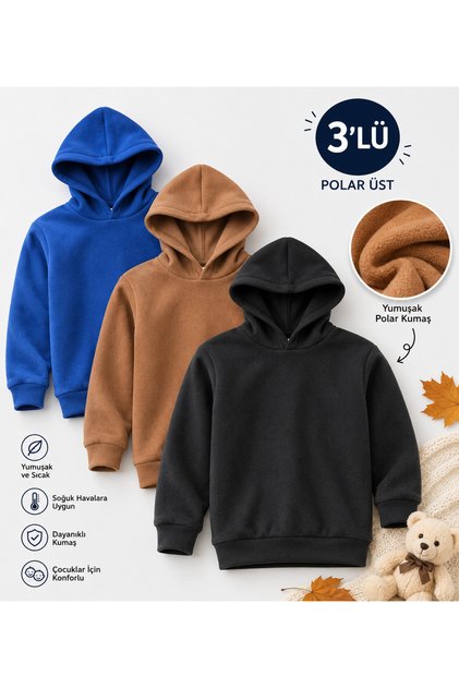 Çocuk 3'lü Kapüşonlu Polar Sweatshirt