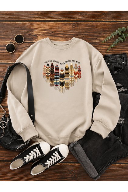 Women's Feathers Feather Printed Crew Neck Women's Beige Sweatshirt
