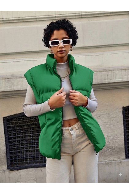 Women's Pistachio Green Stand-Up Collar Double Pockets Metal Zipper Short Puffer Vest