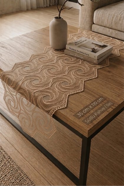 Tablecloth with French Lace Detail in Beige, Runner for Table and Coffee Table
