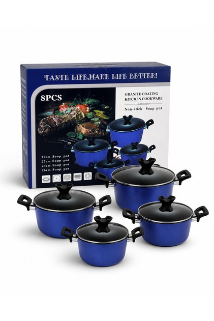 Set 4 Oale cu Capace din Sticla, 8 Piese, 20/22/24/26 cm, Invelis Antiaderent Granit, Manere Ergonomice