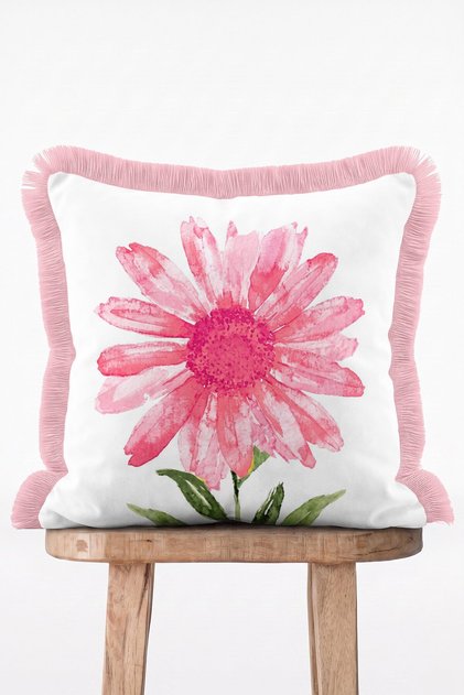 Pink Large Watercolor Daisy Flower Pattern Fringed Throw Pillow Cover