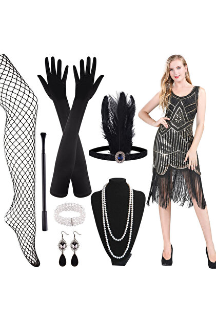Rochie costum retro pentru femei, stil Great Gatsby, anii '20, neagră, mărimea M — rochii anii 20, costum flapper