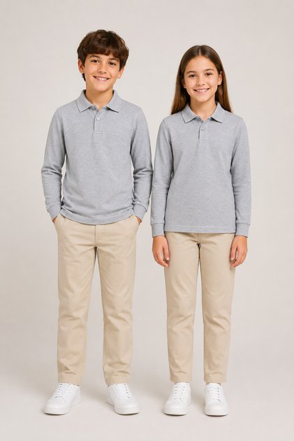 Children's Unisex 2-Piece Polo Collar Long Sleeve School T-Shirt 100% Cotton 2-14 Years