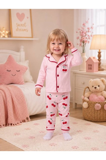 100% Cotton Long Sleeve Buttoned Cherry Patterned Back Printed Soft Textured Bottom Top Girls Boys Unisex Baby Pajama Set
