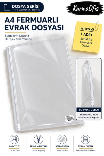 Şeffaf A4 Fermuarlı Evrak Dosyası Belge Doküman Saklama Dosyası Renk Seçenekli