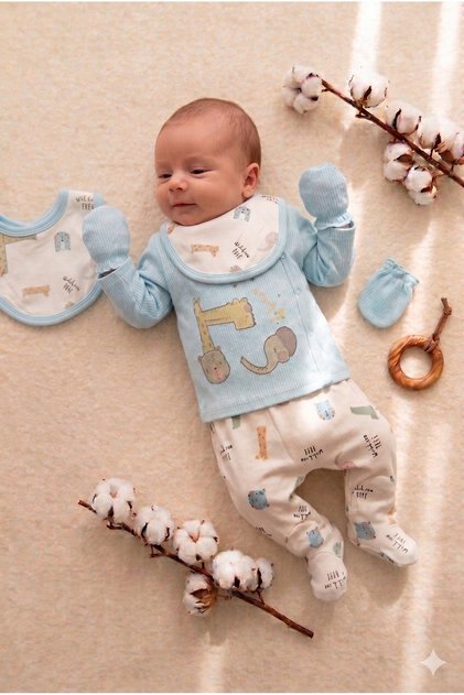Newborn Hospital Release 100% Cotton Gloves, Booties, Bottom Bibs, Baby Set of 4