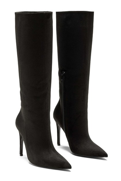 Women's High Heeled Below the Knee Zippered Black Suede Detailed Pointed Toe Boots