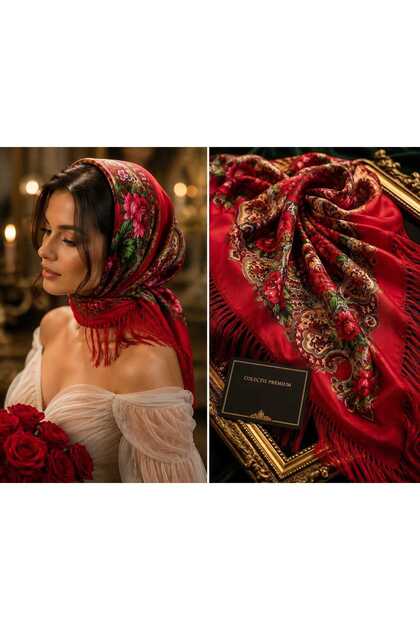 Batic Traditional Romanesc cu Franjuri, Esarfa Folclorica cu Imprimeu Floral Trandafiri, Accesoriu Costum Popular pentru Nunta, Ansamblu Folcloric, Serbari, Femei si Fete