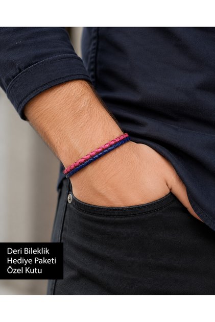 Saphir Duo Pink Navy Blue Braided Leather Men's Bracelet with Special Gift Box