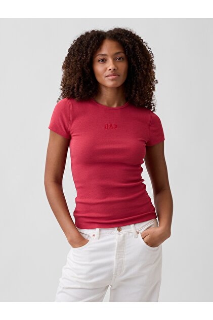 Kadın Kırmızı Modern Fitilli Logo T-Shirt