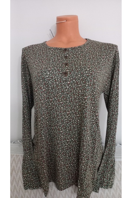Er Clothing Combed Cotton Blouse Long-Sleeve Crew Neck Green Floral