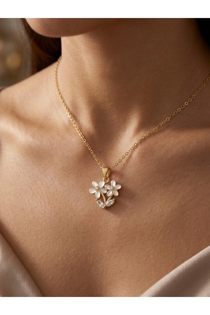 Gold Çelik Beyaz Opal ve Zirkon Taşlı İkili Çiçek Kolye