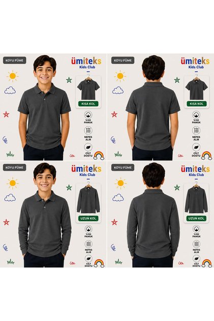 Unisex Παιδικό μπλουζάκι πόλο με λαιμόκοψη, 100% βαμβακερό, κοντομάνικο & μακρυμάνικο σχολικό μπλουζάκι, σετ 2 τεμαχίων