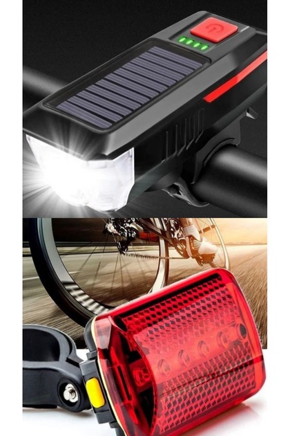 Arka Stop Hediyeli Solar Bisiklet Işığı Ön Farı Bisiklet Kornası Güneş Enerjili Usb Şarjlı Ön Feneri