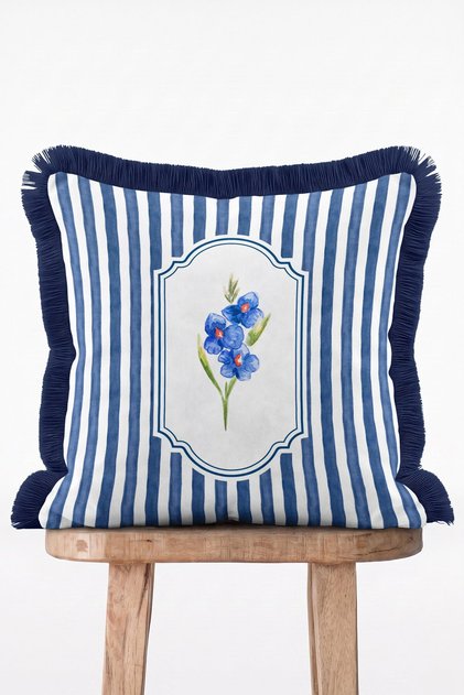 Framed Vintage Blue Floral Pattern Striped Fringed Throw Pillow Cover