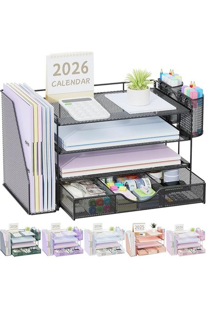 Jianoter Paper Letter Tray Organizer with File Holder, 4-Tier Office Accessories and Workspace Organizers with D