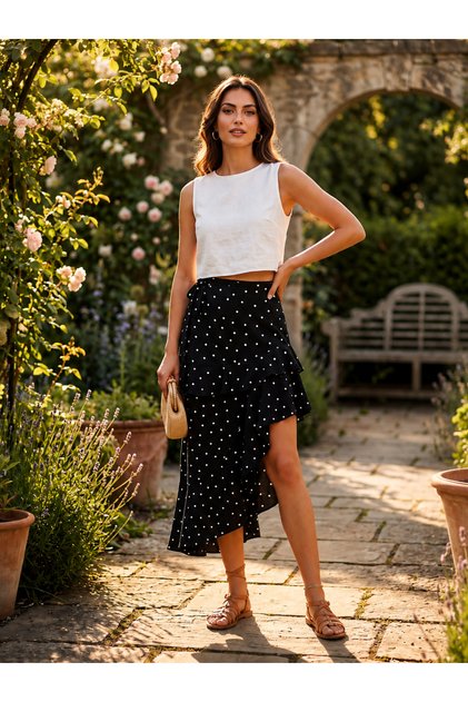 Women's Black Polka Dot Asymmetrical Cut Layered Flounce Midi Skirt Cm26Et00137