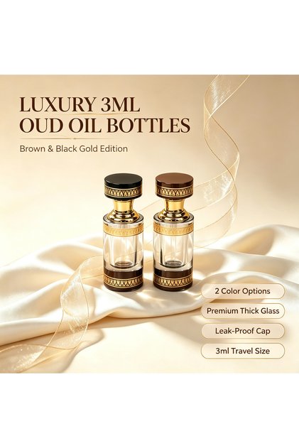 Luxury Refillable Clear Glass Perfume Oil Bottle with Black Cap and Gold Patterned Collar, Leak-proof Travel Dispenser, Ideal for Oud & Fragrance Blends, Packaging for Special Occasions & Gifts.