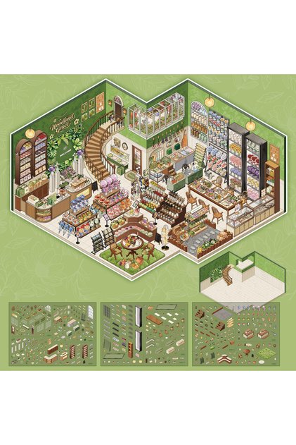 Green Floral 4Pcs 3D Stereo Shop Scene PET Stickers, Grocery Store Mini House Journal Decals