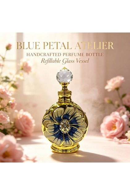 Luxury 12ml Golden Floral Perfume Oil Bottle with Crystal Top and Rhinestone Inlaid Center. Empty Glass Vial, Refillable Dispenser for Arabian Attar & Essential Oils, Travel Safe.