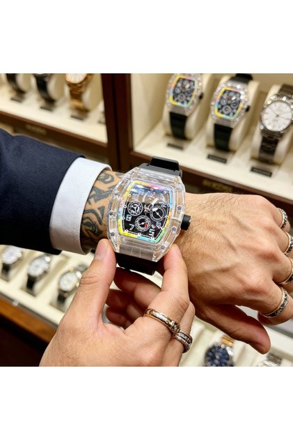 black Men's High-End Barrel-Shaped Transparent Quartz Watch, Trendy Rainbow Dial Waterproof Wristwat
