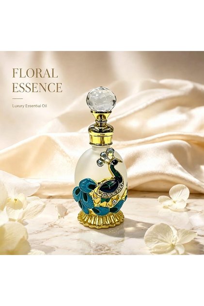 Exquisite 15ml Refillable Perfume Bottle with Peacock Crystal Embellishments, Elegant Essential Oil Dispenser with Decorative Metal Base, Ideal Luxury Gift for Fragrance Lovers.
