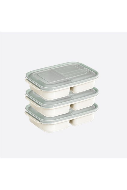 Set of 3 Food Storage Containers with 3 Compartments for Children, Green, Microwave and Refrigerator Compatible
