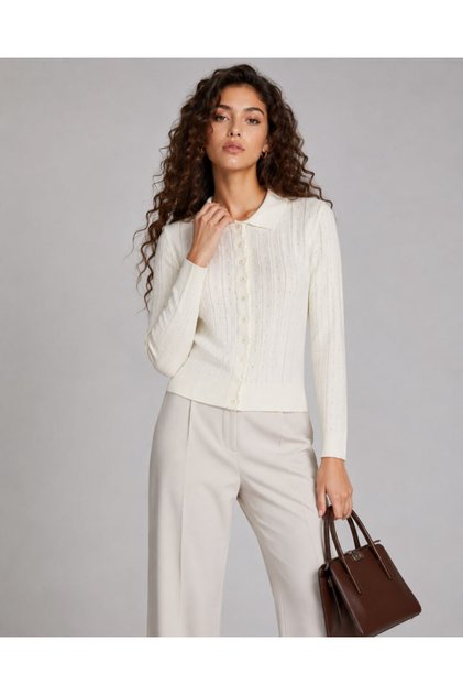 Polo Collar Buttoned Openwork Detailed Long Sleeve Knitwear Cardigan Aw26Hi0006