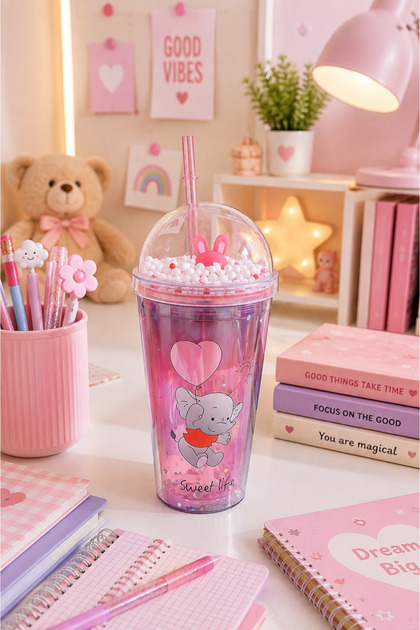 Pink Elephant Patterned Children's Cup with Straw – Glittery Decorative Cold Drink Cup with Rabbit Figured Globe Lid