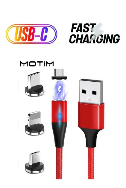 كابل مغناطيسي 3 في 1 للشحن السريع ونقل البيانات، شاحن USB متوافق مع مايكرو USB ونوع C وجميع أجهزة المنتجات، باللون الأحمر