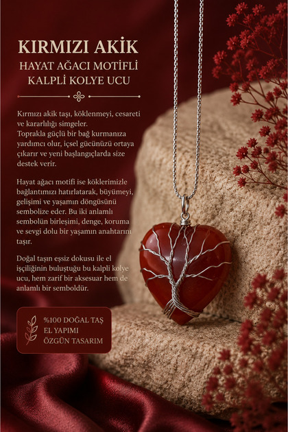 Sertifikalı Kırmızıakik Kalpli Kolye ( Hayat Ağacı Sarmallı, Çelik zincirli )