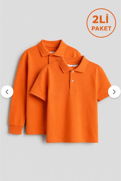 Unisex Çocuk Turuncu Polo Yaka Okul Tişörtü 2'li Paket – Kısa Kol + Uzun Kol %100 Pamuk