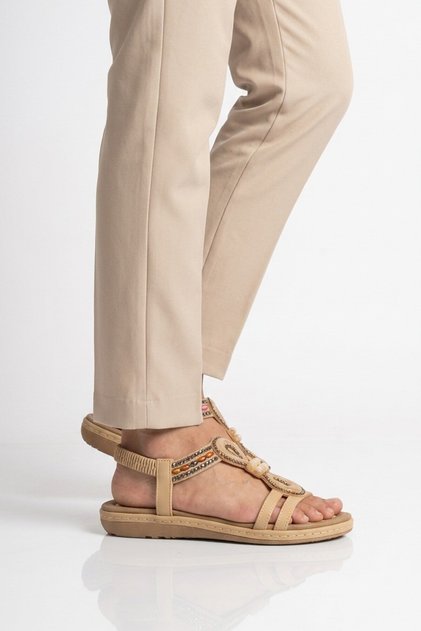 Beige Patterned Embroidered Women's Flat Sandals