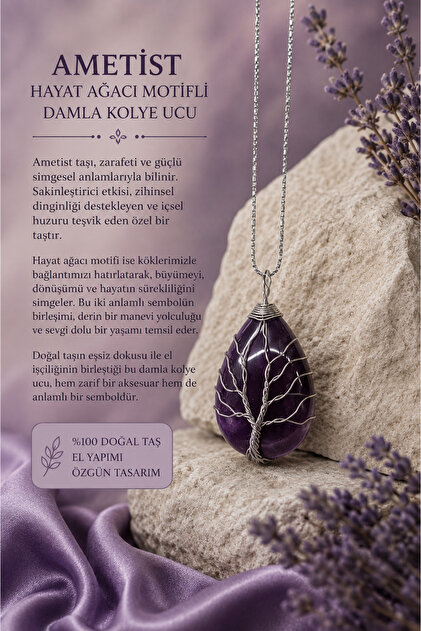 Sertifikalı Ametist Damla Kolye ( Hayat Ağacı Sarmallı, Çelik zincirli )