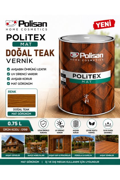 Ahşap Verniği MAT DOĞAL TEAK (Yeni Renk) Su Geçirmez Ahşapın Ömrünü Uzatır Yüksek Uv Direnci 0,75 L Kod :0199