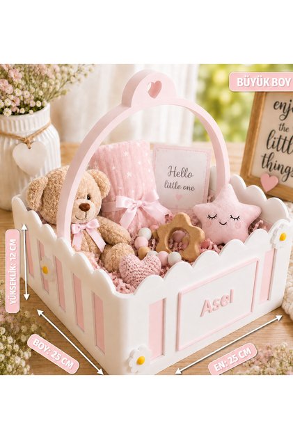 Kişiye Özel İsimli Büyük Boy Bebek Hediye Sepeti ve Organizer 25x25x12 cm