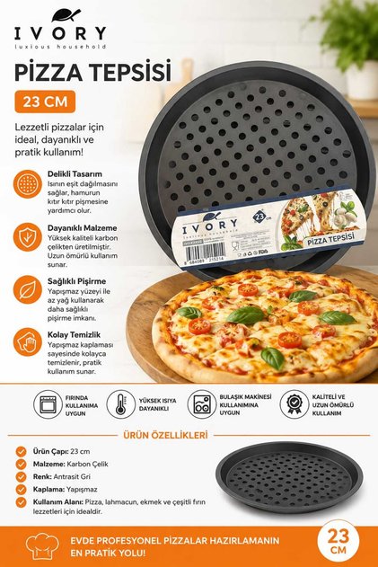 23 cm Delikli Pizza Tepsisi – Karbon Çelik, Yapışmaz, Fırın Kullanımına Uygun